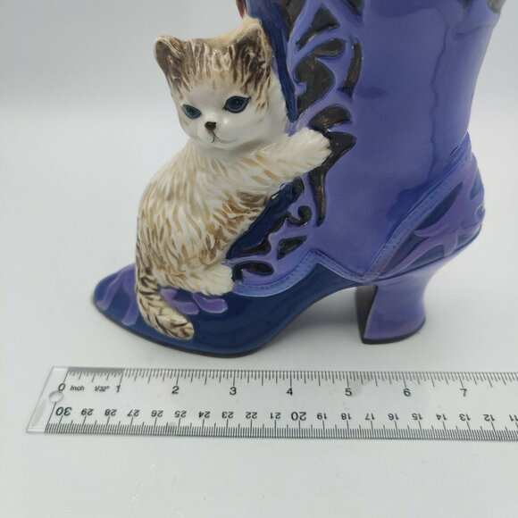 Victorian Boot Vase With Kitten Purple Ceramic Cat Figurine Cottagecore - Picture 9 of 13